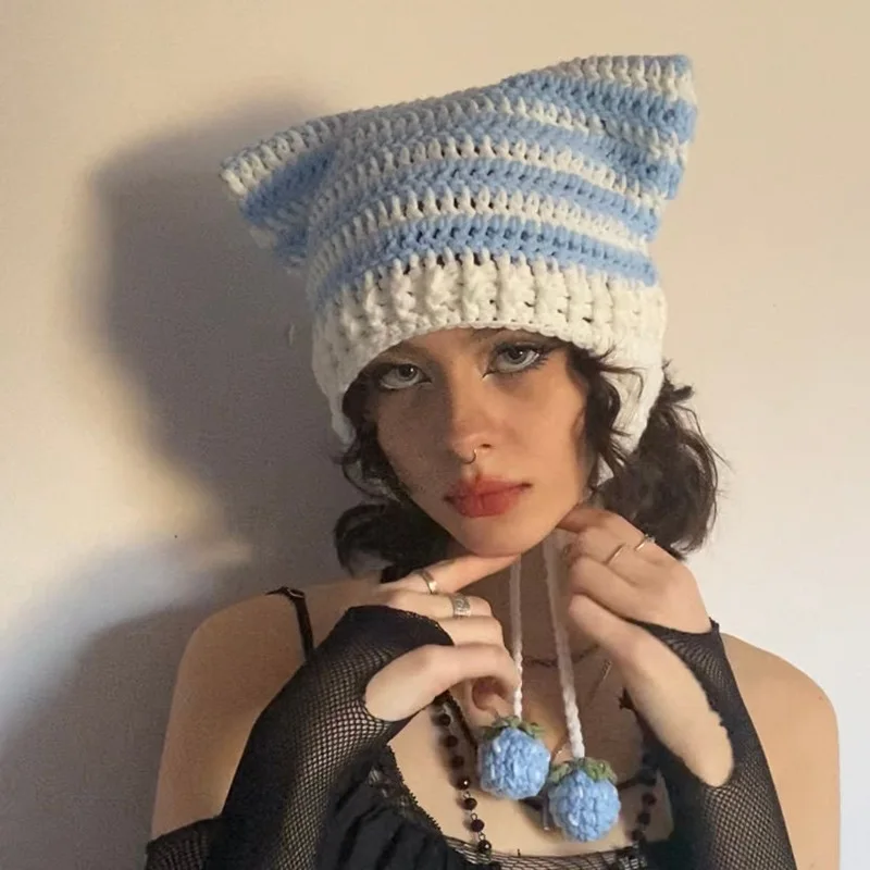 

Cat Ear Crochet Beanie Hat 2000’s Style Green And White Striped