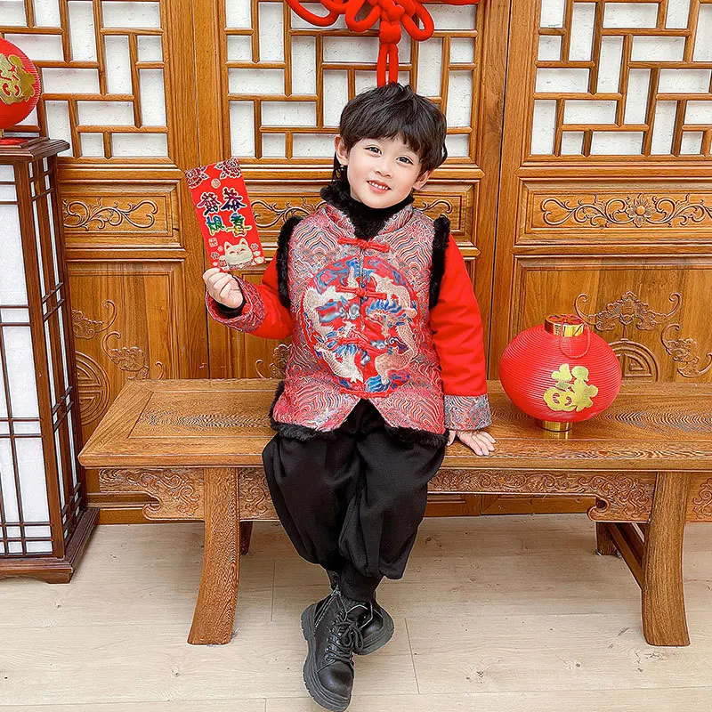 Boy Chinese Style Hanfu Set New Year Tang Clothes Vintage Embroider 2 Piece Outfit Costume Child Button Down Shirt&pant Costume