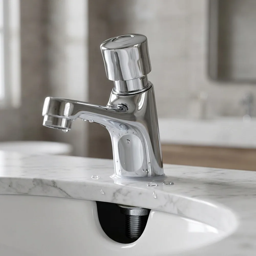 Wall Mounted Copper Basin Faucet with Automatic Delay Shut Press Mechanism for Modern Sink Silver 16.5x12x6cm Wall