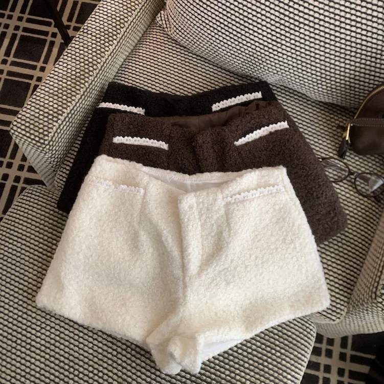 

Женские осенне-зимние шерстяные шорты с высокой талией и широкими штанинами, женские повседневные уличные однотонные свободные короткие брюки