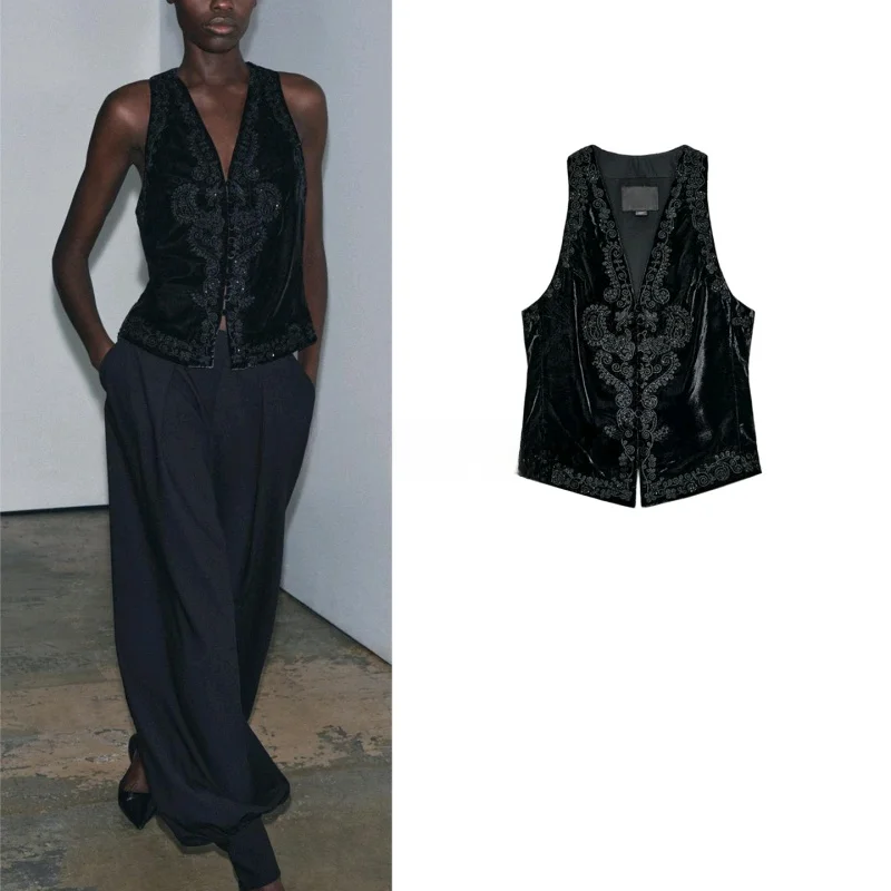 

Winter New Women's Design V-ne Svel Embroidered Velvet Vest 752292 Original Design Polyester Fiber Single Button