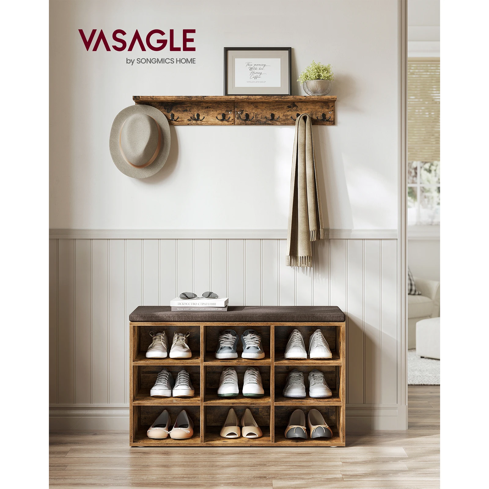 VASAGLE Shoe Bench, Padded Seat, 9 Compartments, Adjustable Shelves, 30.3 x 78.5 x 48 cm, Rustic Brown