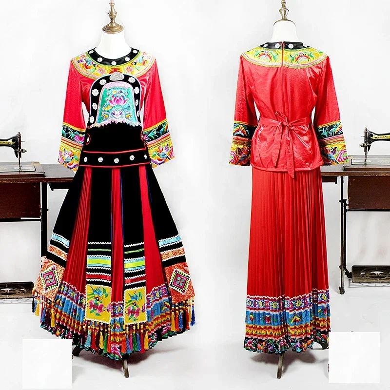 Hmong Wedding Dress Chinese Costumes Hmong Clothes Ethnic Embroidery Dance Performance Costume Adult Women Miao Hat Clothing