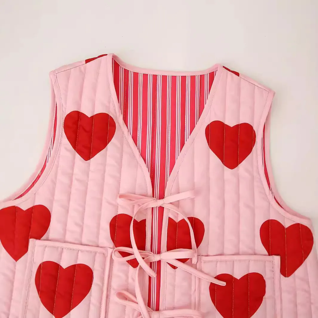 Women's New Fashionable Heart-shaped Printed Lace Up V-neck Cotton Vest Jacket for Women