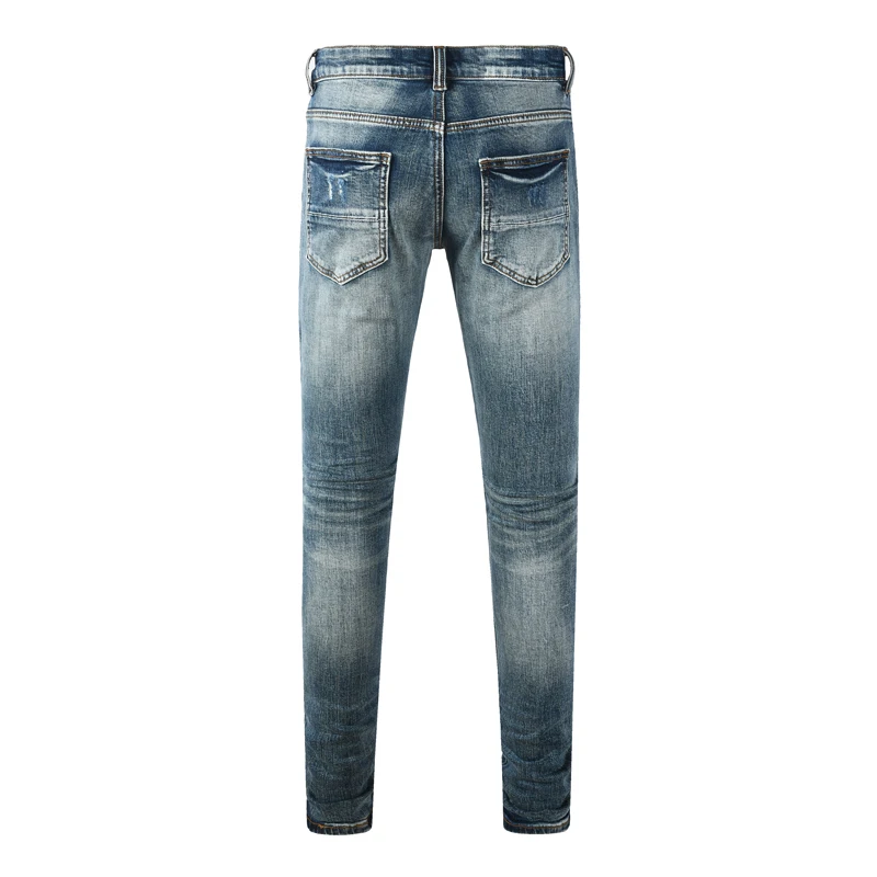 Men Vintage Washed Blue Strip‑Layer Ripped Skinny Jeans, Distressed Frayed Denim Pants, Mid‑Waist Stretch Slim‑Fit Street Fashio