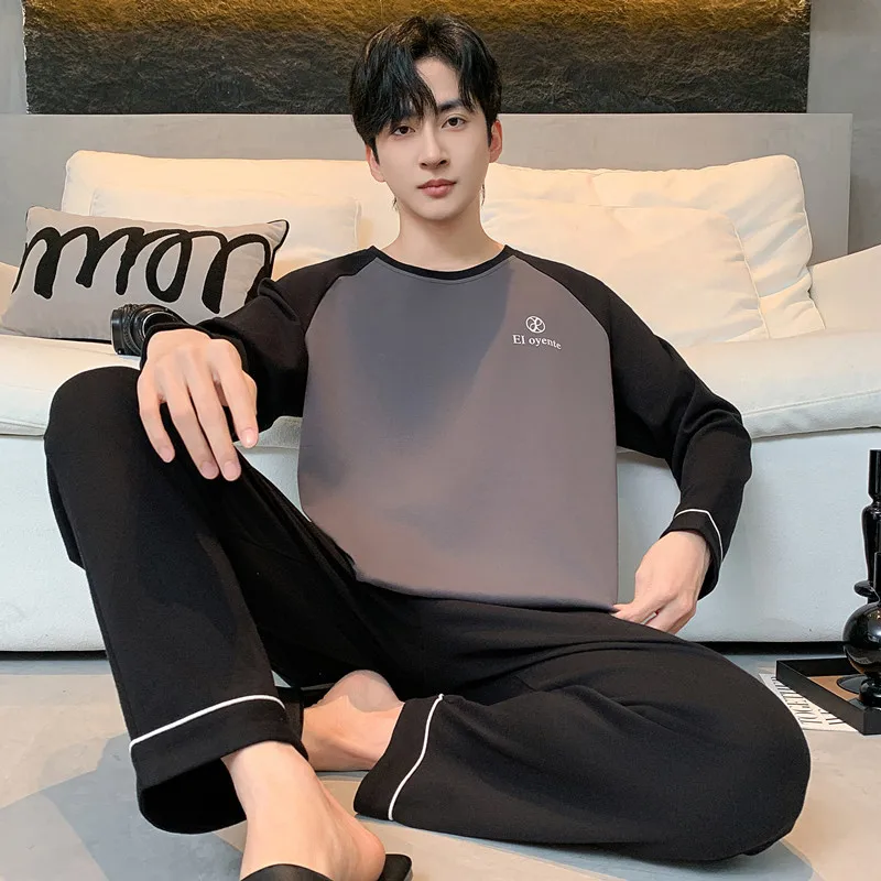 

Big Size L-4XL Cotton Sleepwear For Men O Neck Long Sleeves Long Pant 2Pcs/set Nightwear Young Boy Male Pjs Lounge Set Hombre