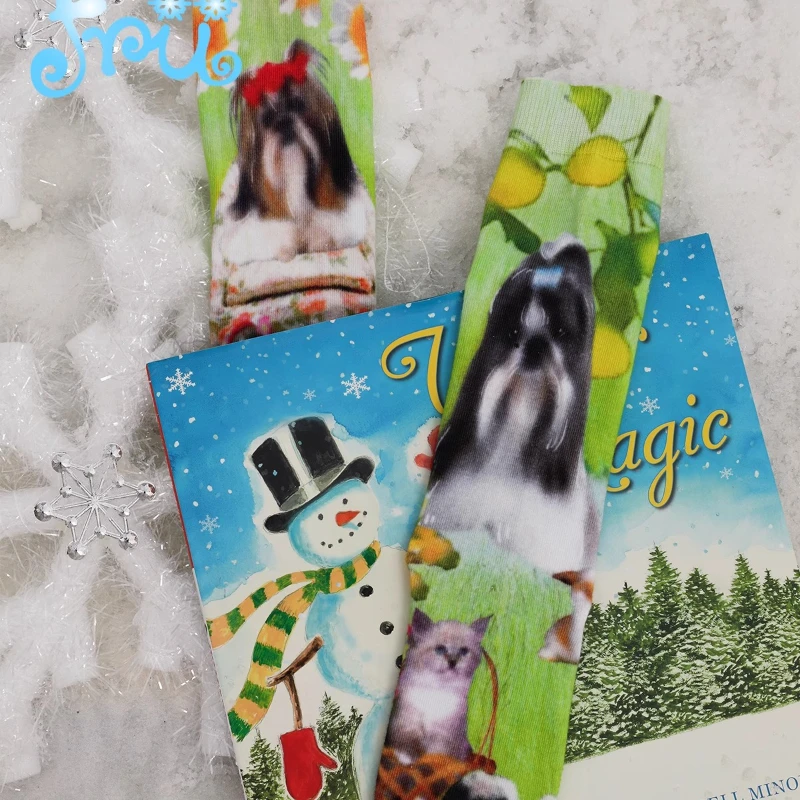 Four Seasons Socks Women's New Green Thin Hosiery Cartoon Printed Kawaii Versatile Sweet Cute Ladies Medium Tube Stockigs Female