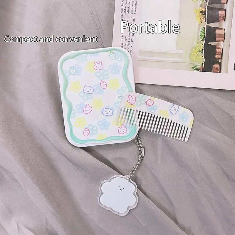 귀여운 만화 작은 곰 접이식 클램셸 거울, 메이크업 거울, 빗 포함, 휴대용 크리에이티브, 여자 핸드헬드 거울