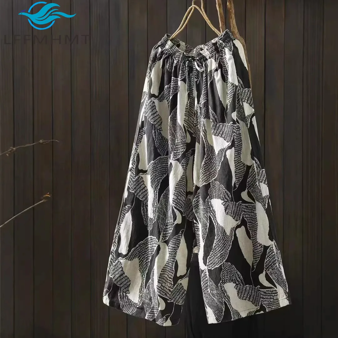 

Летние модные женские льняные брюки-палаццо 2026 года с эластичным поясом, свободные, повседневные, шикарные, с принтом, прямые широкие брюки