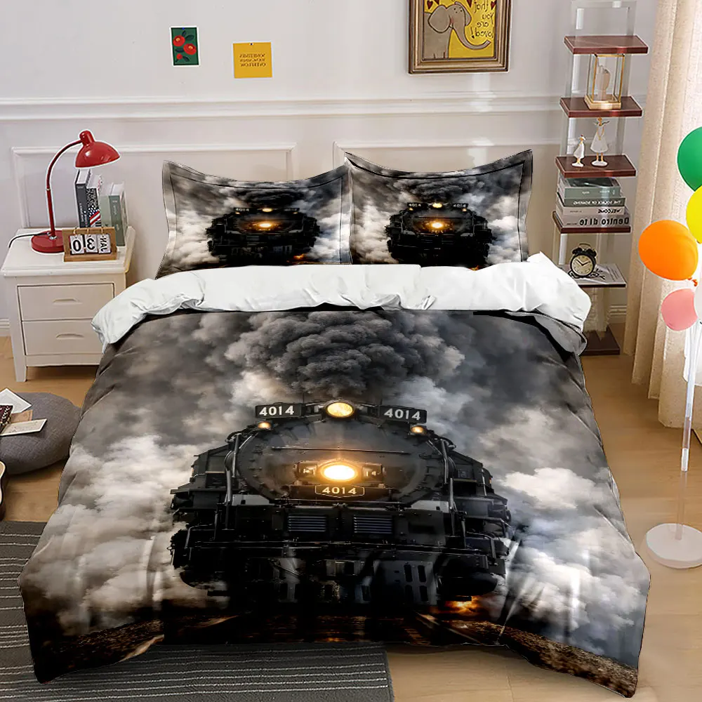 Steam Train Vintage Power Scene Print Bedding Set 1 Duvet Cover 2 Pillowcases for Adult and Children Luxury Gift Full Size