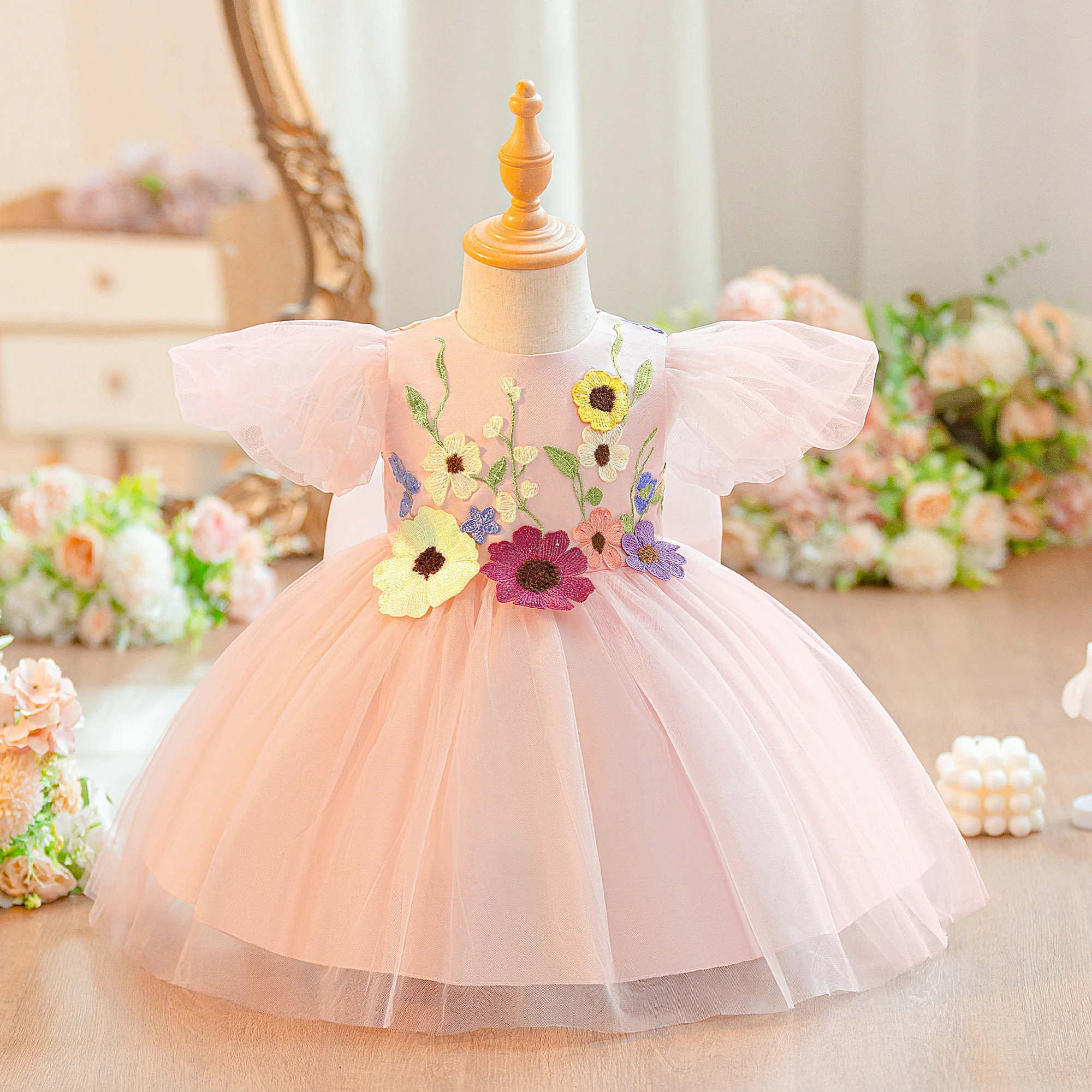 

Summer Flower Party Baby Girl Dress Toddler Embroidery Tulle 1st Birthday Princess Prom Dresses Baby Bow Baptism Wedding Costume