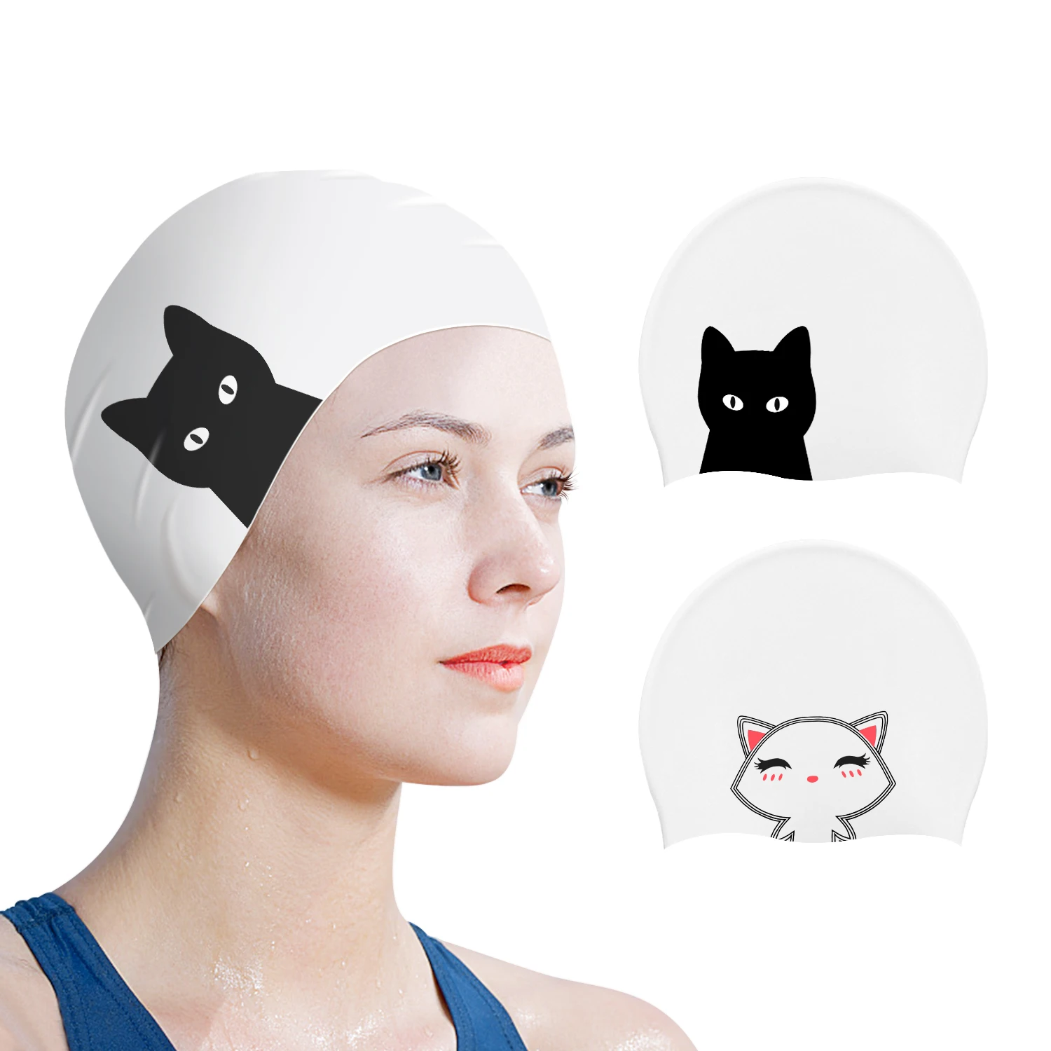 Cartoon Cat Swimming Cap Elastic Waterproof Silicone Fabric Long Hair Sports Swim Pool Hat High Elasticity Cute Fashion Swim Cap