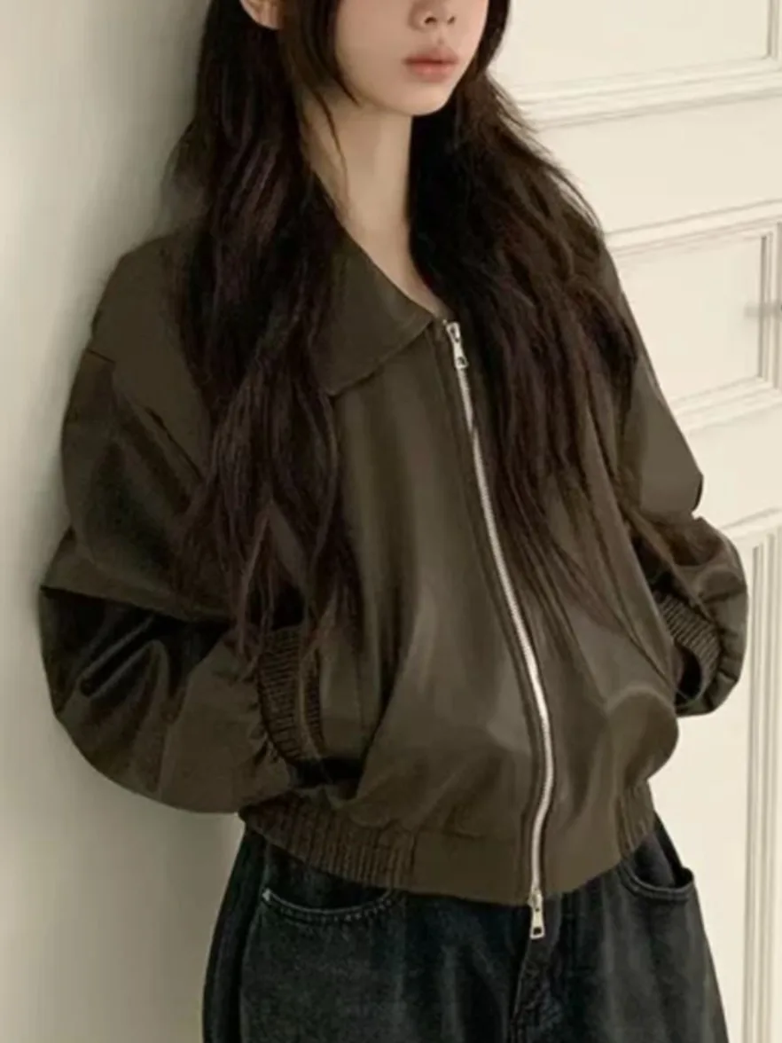 Chique outono inverno com zíper duplo solto ajuste longo Sve gola ort couro Jaet feminino Faion Retro Sle PU Leath...