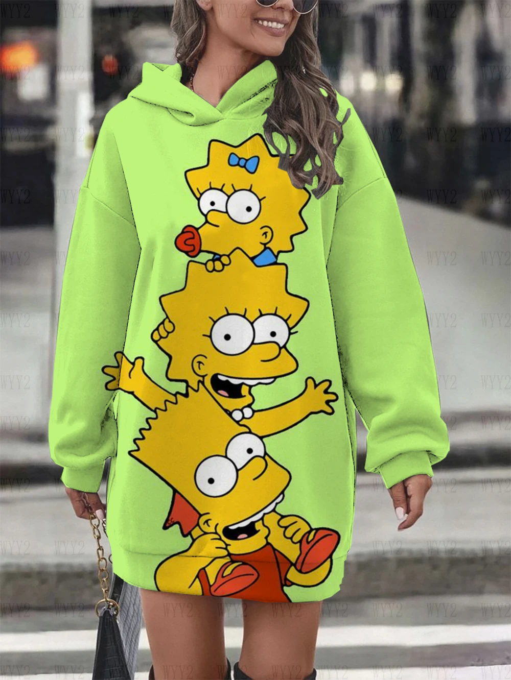 Disney Women\'s Sweatshirt Dress Printed Pullover Hooded Sweatshirt The Simpsons Pattern Fashion Party Outfit Dress Sweatshirt