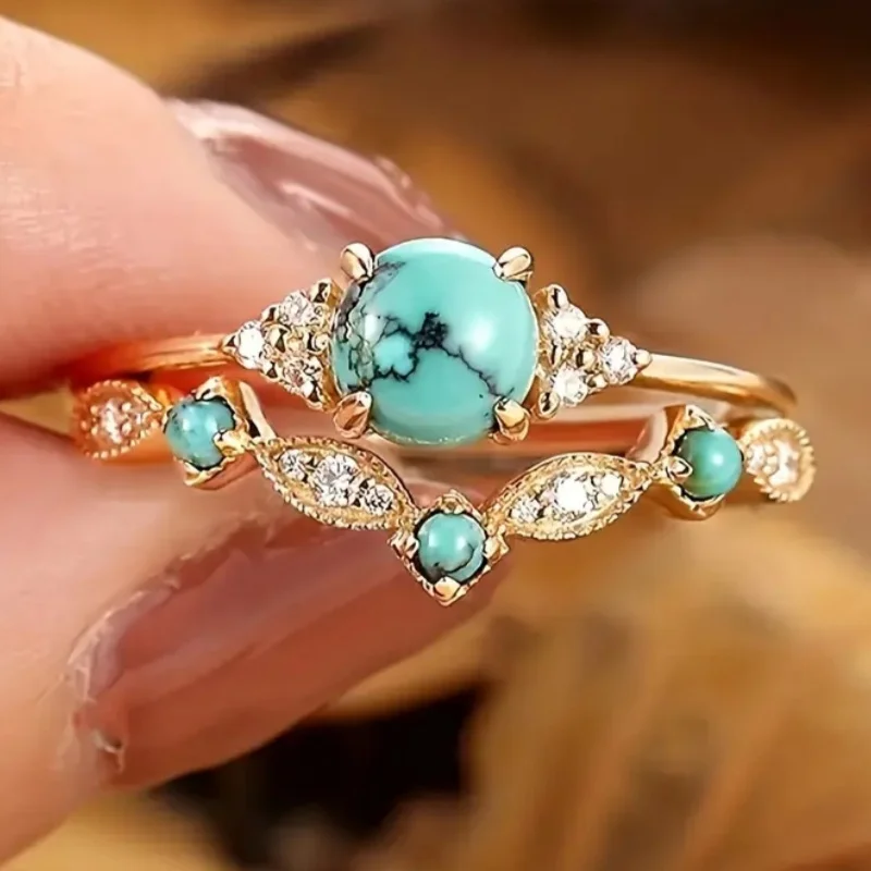 2pcs/set Women' Light Luxury Exquisite Ring Set Inlay Synthetic Turquoise Banquet Dinner Party Ring Fashion Elegant Jewelry