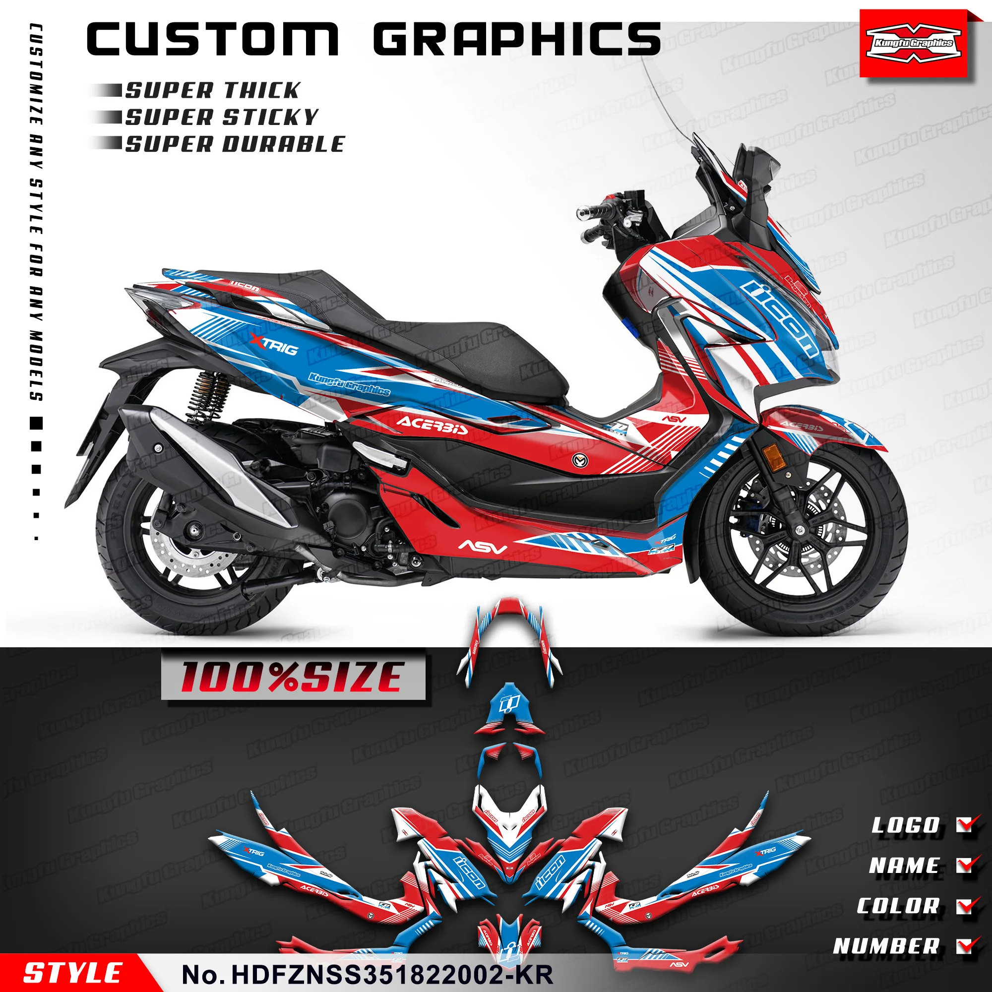 

KUNGFU GRAPHICS Racing Graphics Sticker Sheet Kit for Honda FORZA NSS 350 Scooter 2018 2019 2020 2021 2022, HDFZNSS351822002-KR