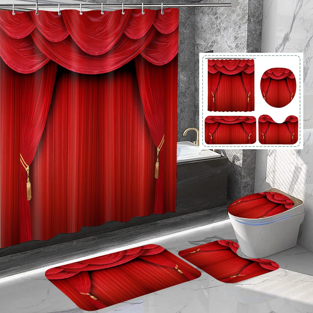 

4-piece set of red curtain printed waterproof shower curtains with 12 hooks and bathroom floor mats
