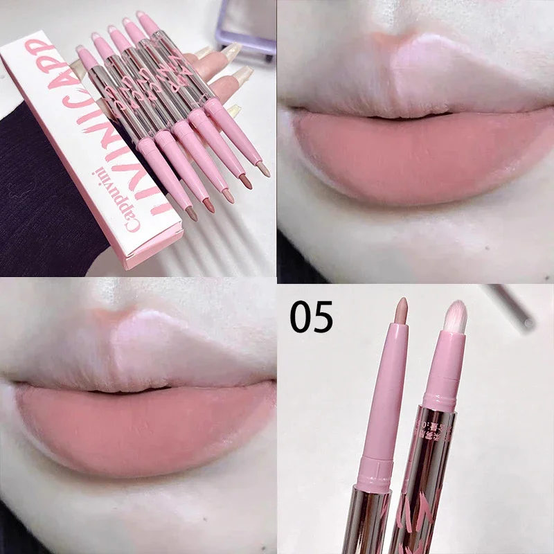 Lip Shadow Liner ปากกา Matte ลิปสติกฐาน Silver Tube กันน้ํา Lasting Lip Contouring Non-stick Cup Lipliner ดินสอพร้อมแปรง