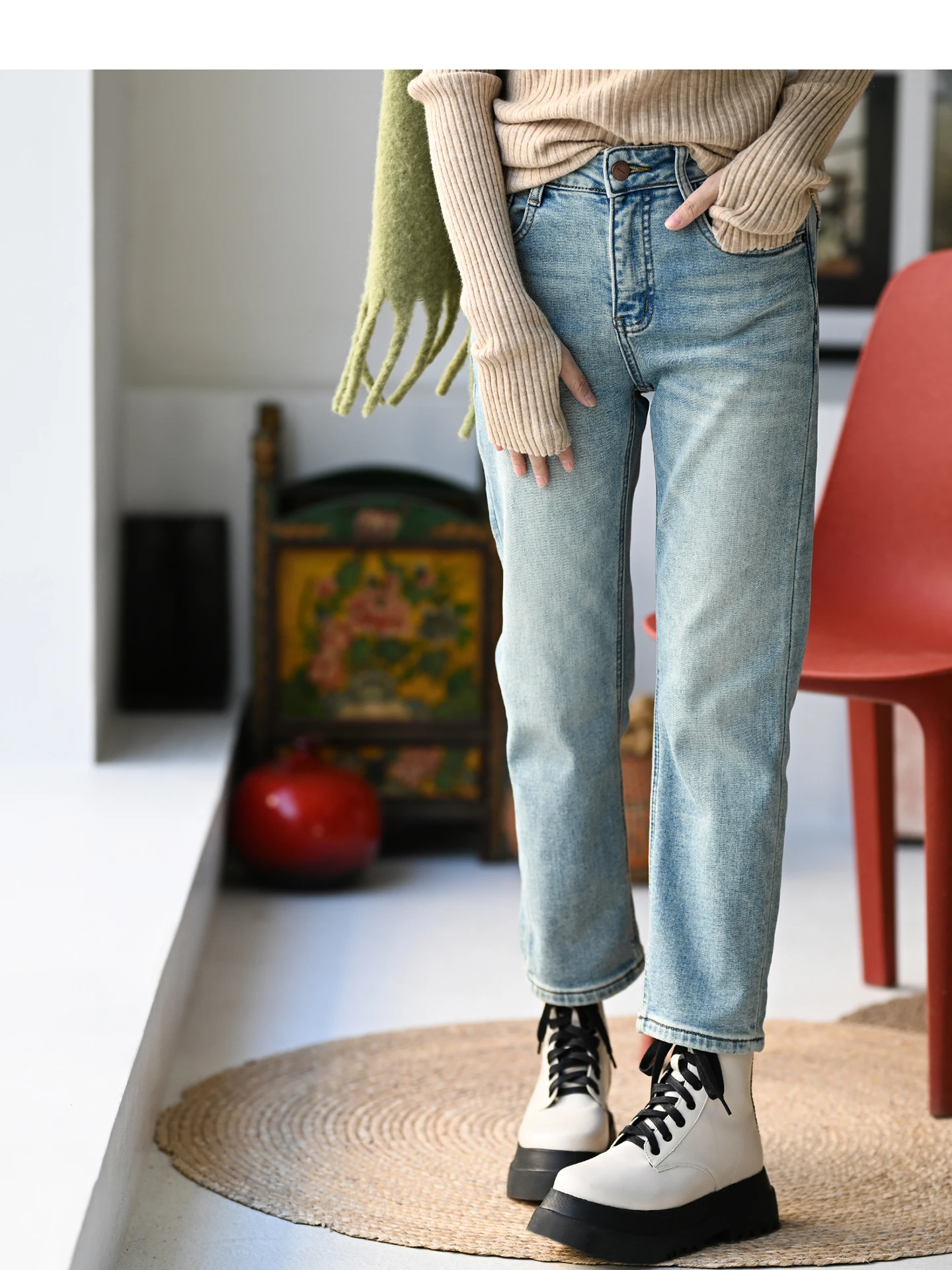 

Корейские джинсы-клеш с флисовой подкладкой, женские, светло-голубые, с эффектом потертости, прямые, из хлопкового денима, осень-зима