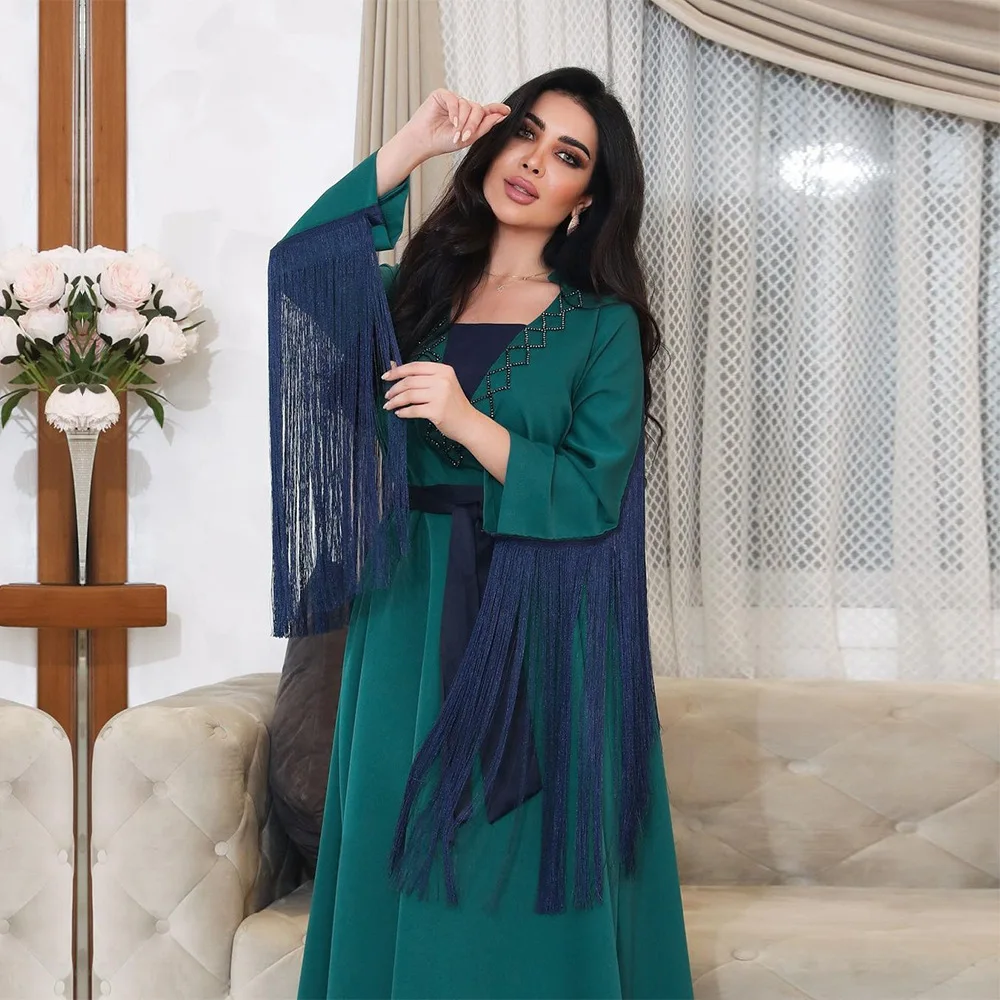 Middle East Diamond Fringed Robe Abaya Dress Muslim Dubai Arabian Women's Clothing Long Sleeve