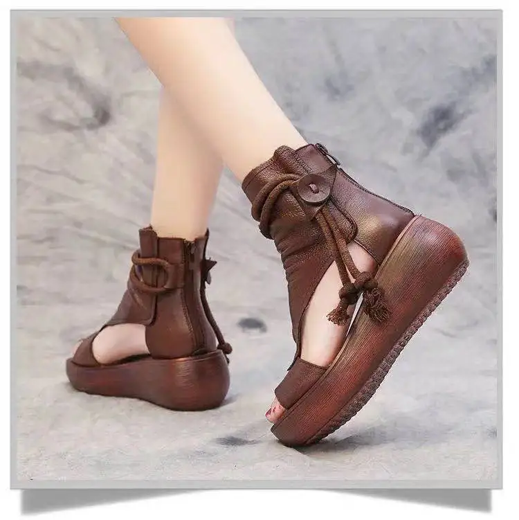 Shoes for Women Ladies Vintage Pu Leather Boots Fashion Women Sandals Summer Mid Heels Wedges Shoes Sandalias Mujer  Sneakers