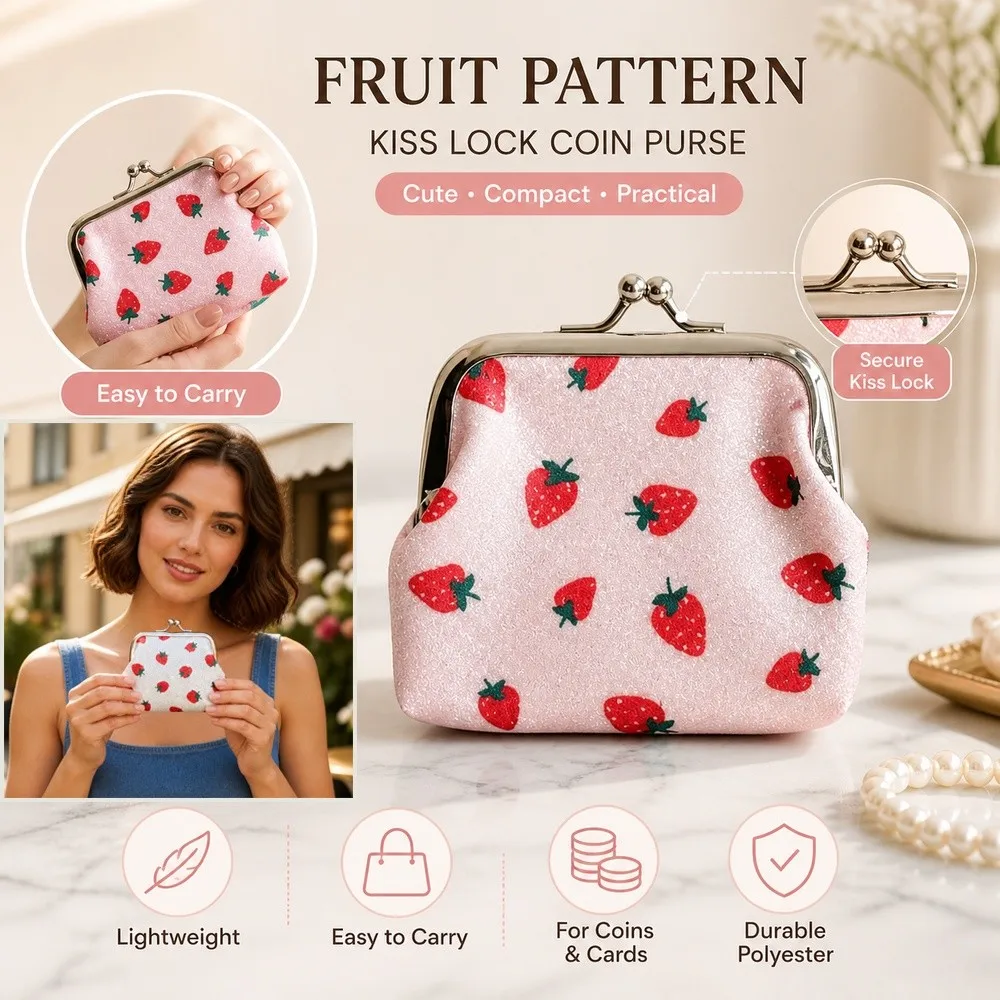 Fruit Pattern Coin Purse Strawberry Cherry Print Hasp Closure Cosmetic Bag Multifunctional Small Change Purse Card Storage