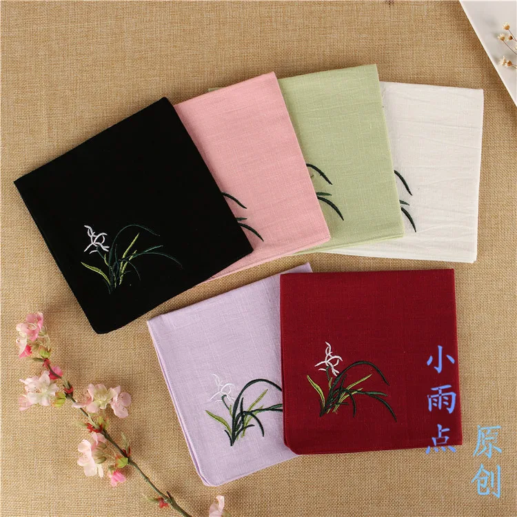Dark Red Chinese Style Auspicious Lucky Embroidered Orchid Cotton Linen Sweat Absorbent Customizable Square Hanky For Men Women
