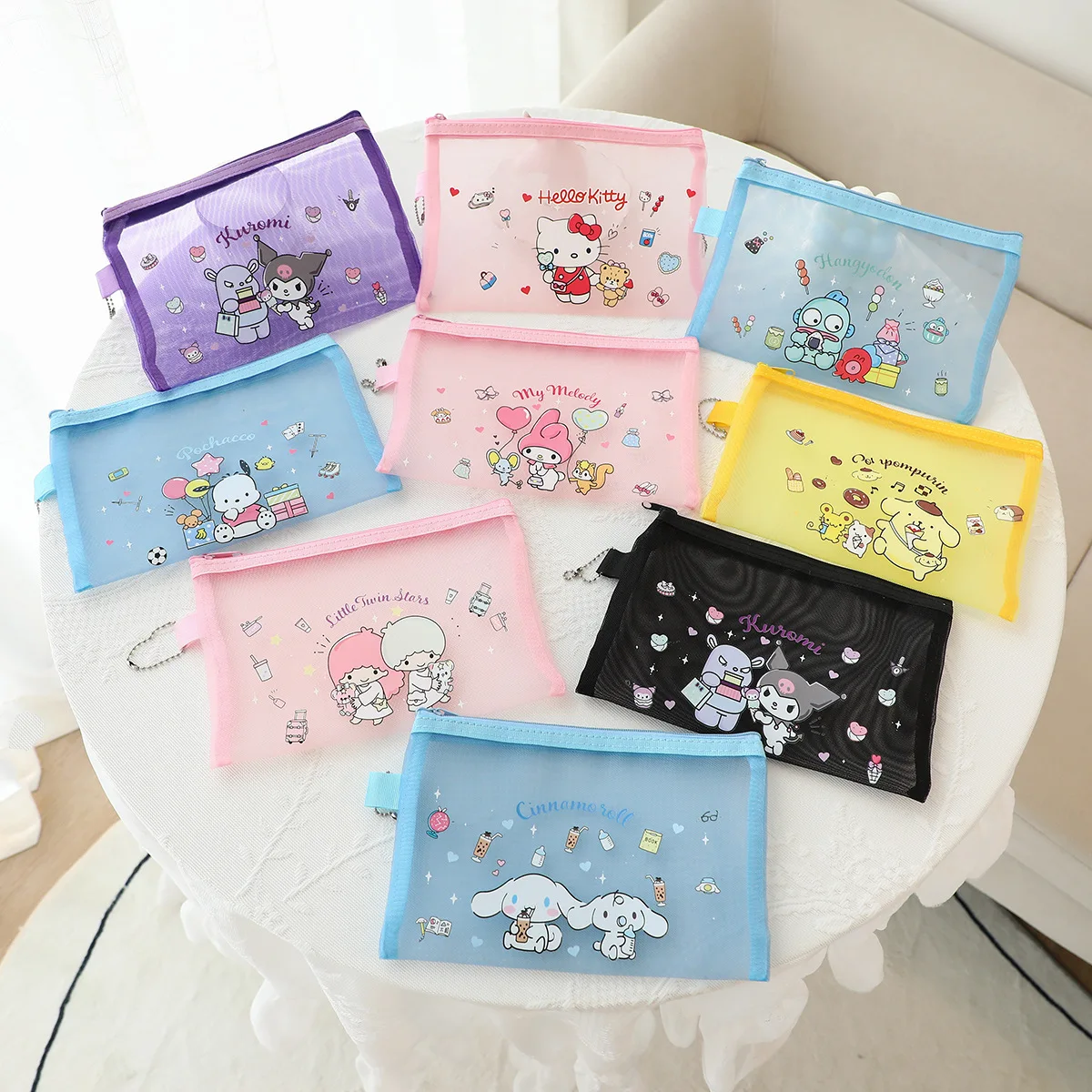 

Sanrio Mesh Pencil Case Hello Kitty Cartoon Waterproof Makeup Organizer Case Toiletry Bags Girls Translucent Frosted Pencil Bag