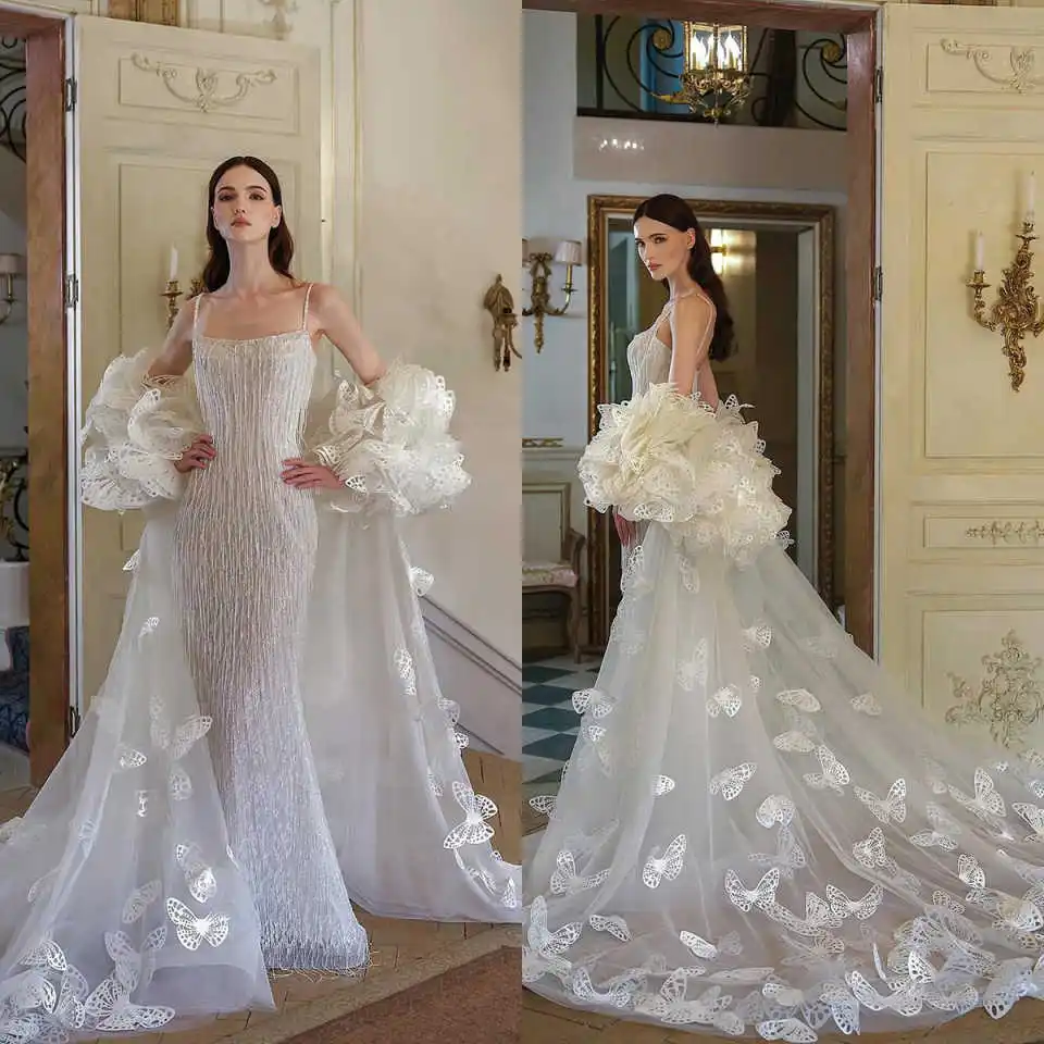 فساتين زفاف رائعة حورية البحر بياقة مربعة مزينة بدون ظهر بدون أكمام فستان العروس فيستدو دي نويفا مصنوع حسب الطلب #1