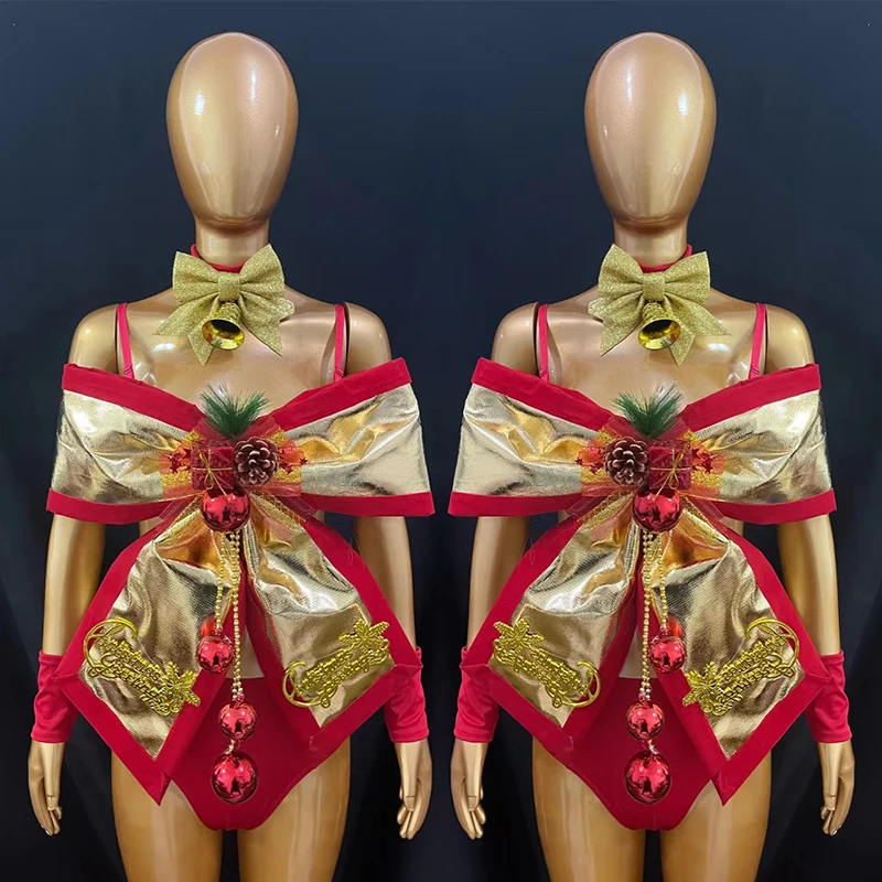

Women Stage Performance Outfit Sexy Gogo Dancewear Red Gold Bow Top Christmas Halloween Carnival Costumes Party Rave Wear yj295