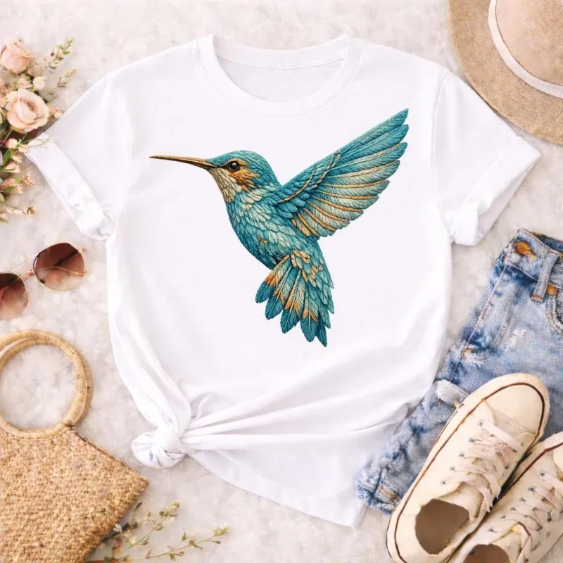 Blue Hummingbird Unique Printed Comfort CottonT-shirt Top Vintage Bird Design for Tees Summer Hot Sale Breathable Women Clothing
