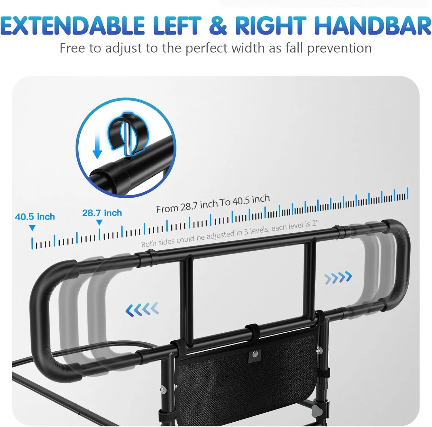 Adjustable Heights& Extendable Bed Side Rail, Foldable Bed Assist Bar, Heavy Duty for Senior, Fits King, Queen, Full, Twin for 1