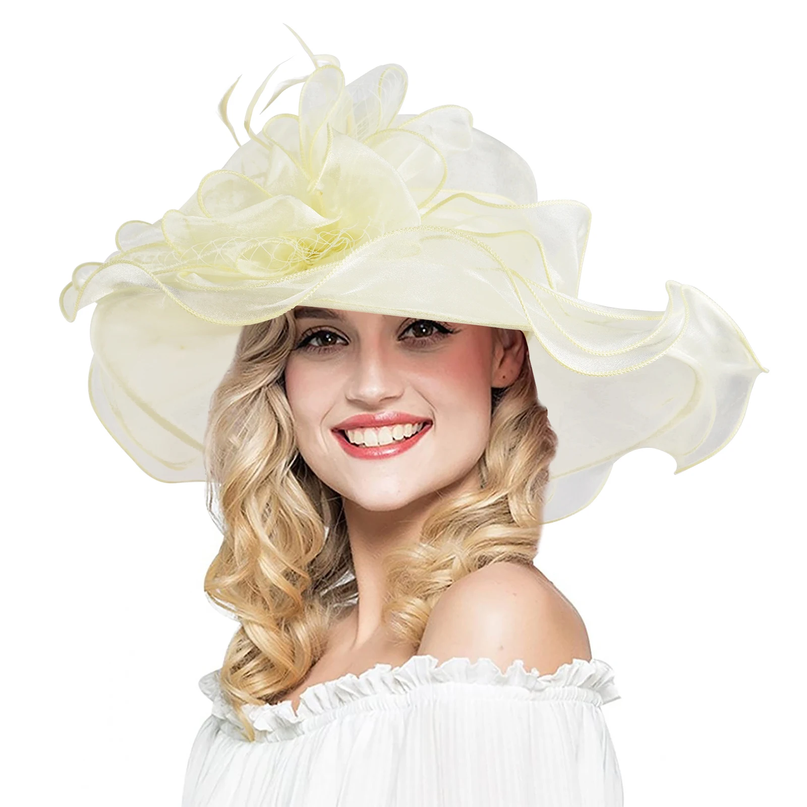 Kentucky Derby Hat Church Hat Women White Organza Derdy Hat with Net Feathers & Ruffle Bridal Hats for Ladies S10-3190