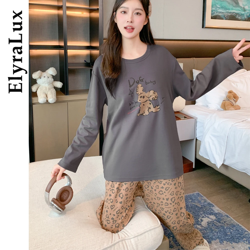 

ElyraLux Spring and Autumn Women's Cute Print Pajamas Homewear Suit Girls Long-Sleeved Autumn and Winter Leisure Homewear Suit