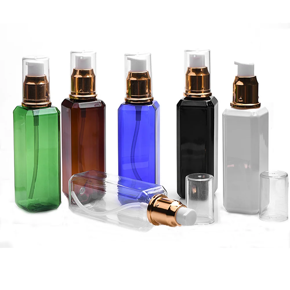 3pcs/pack 100ml 6 color available Square Refillable Squeeze PET Portable plastic lotion bottle with alumite gold color pump