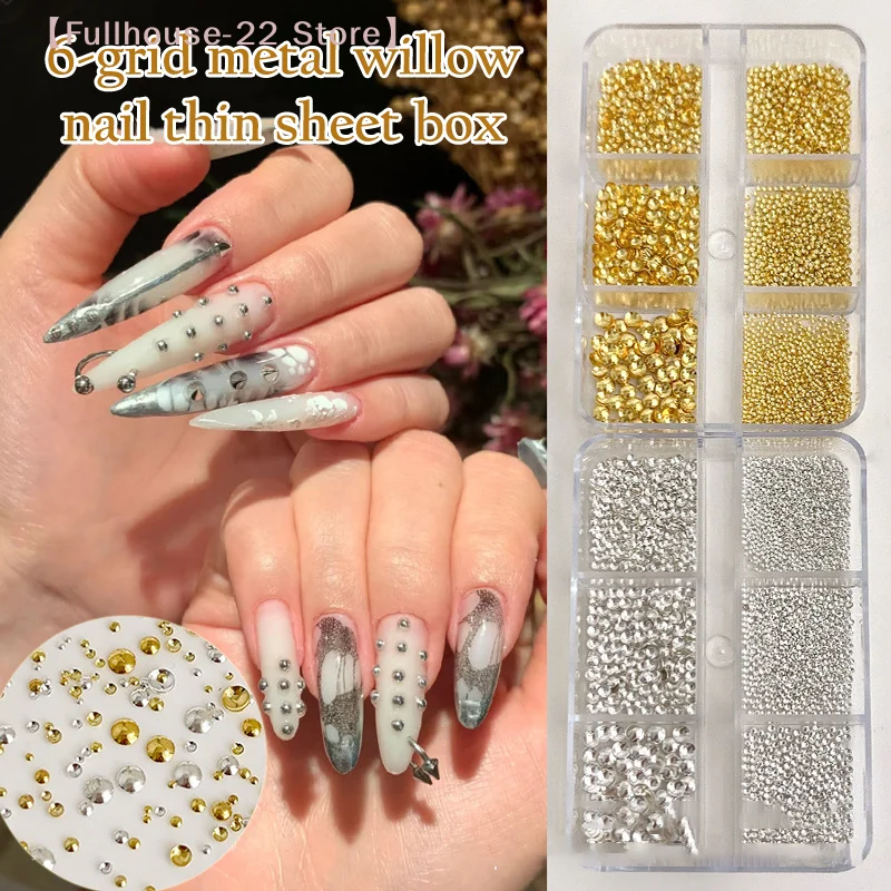 【MAX-22】6 Gitter/Box Gold Silber Halbrunde Nieten Nagel-Charms 0,8-3mm Flache Rückseite Runde Metall-Nagelperlen Mikro-Kugeln Maniküre-Perlen