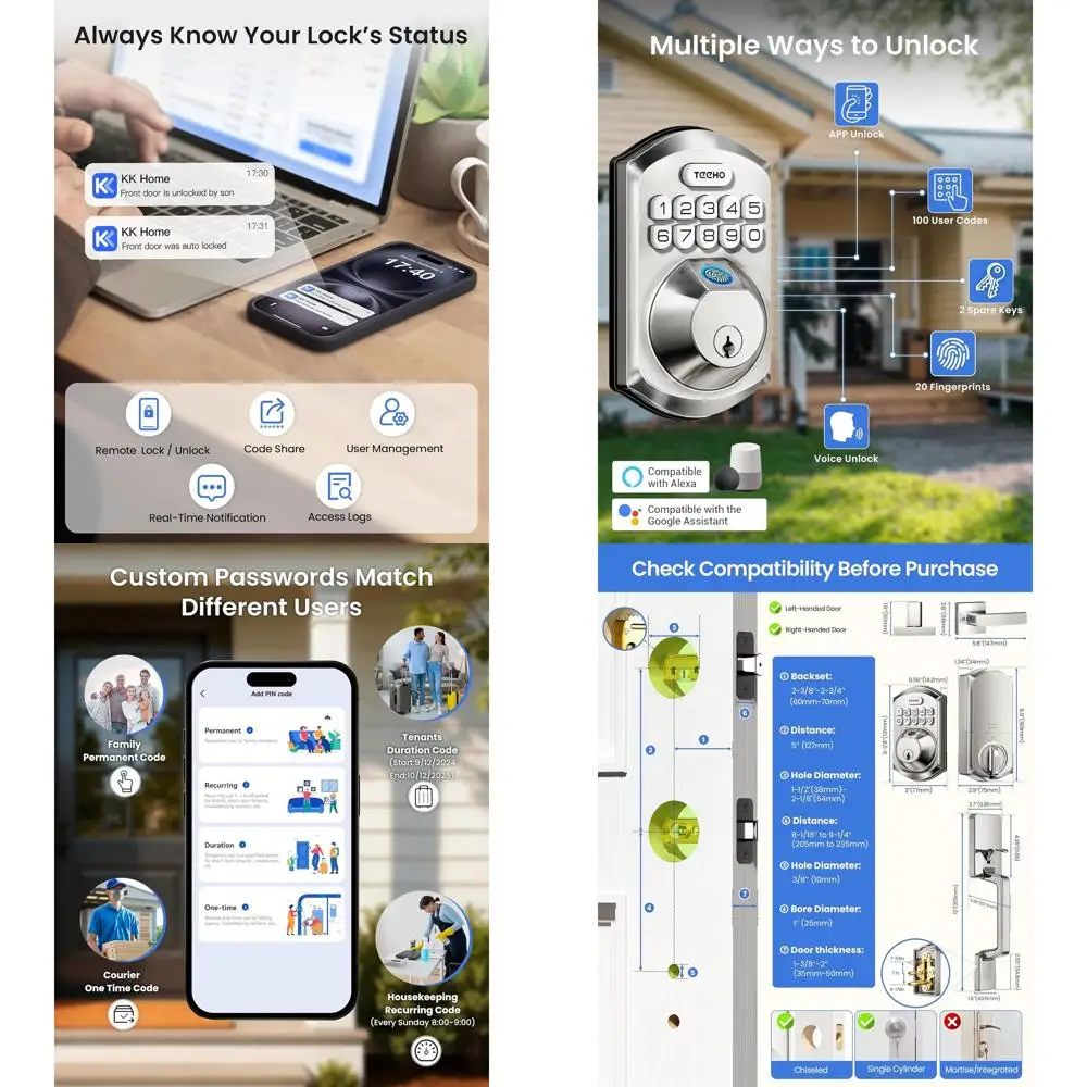 

Умный дверной замок с функцией распознавания отпечатков пальцев и ручкой, безключевой доступ, управление через приложение, цифровой замок-защелка, автоматическая блокировка, простая установка, матовый никель