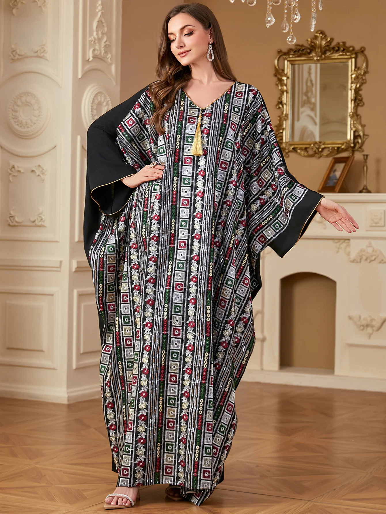 

Eid Djellaba Loose Jalabiya Ethnic Print Abayas for Women Dubai Tassel Embroidery Muslim Dress Kebaya Caftan Marocian Femme Robe