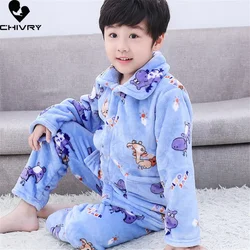 Conjunto de pijama de franela para niños y niñas, ropa de dormir de manga larga con solapa de dibujos animados, gruesa y cálida, para otoño e invierno, novedad