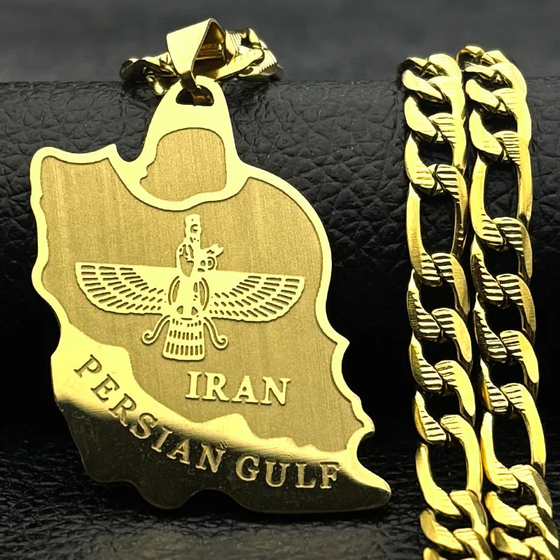 Stainless Steel Iran Map Ahura Mazda Pendant Necklace for Men Women Zoroastrianism Iranian Cuture Persian Empire Chain Jewelry
