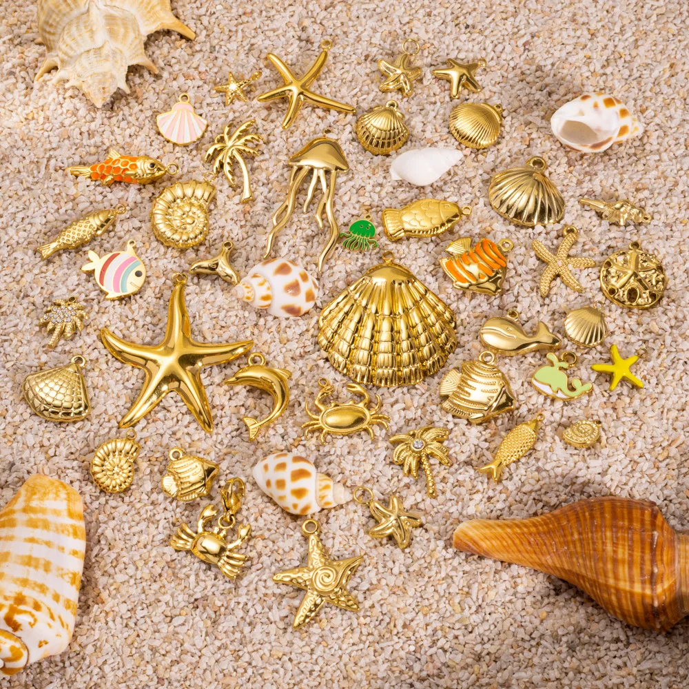 5Pcs Stainless Steel 36Style Ocean Series Starfish Shell Drip Oil Pendant Charms DIY Necklace Bracelet Jewelry