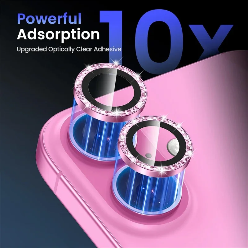 2-3 قطعة الوردي بريق بلينغ المعادن الزجاج عدسة الكاميرا حامي آيفون 16 15 14 13 برو ماكس زائد 16Plus غطاء كامل ملحق
