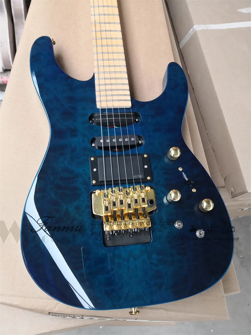 Blue Electric Guitar PC-1 Body Squilted Maple Veneer Maple Fingerboard Tremolo Bridge SSH Pickups Active Battery Gold Tuners