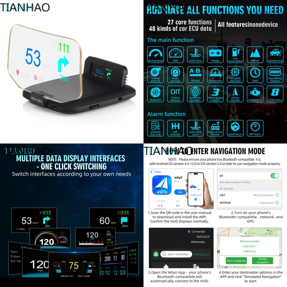 C1 HUD GPS Dual System Car Navigation Projection Head Up Display Digital Speedometer Water Temperature Oil Temperature RPM