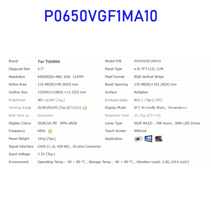 Pantalla de visualización P0650VGF1MA10, 6,5 pulgadas, 640x480, TFT-LCD Industrial, Original para TIANMA