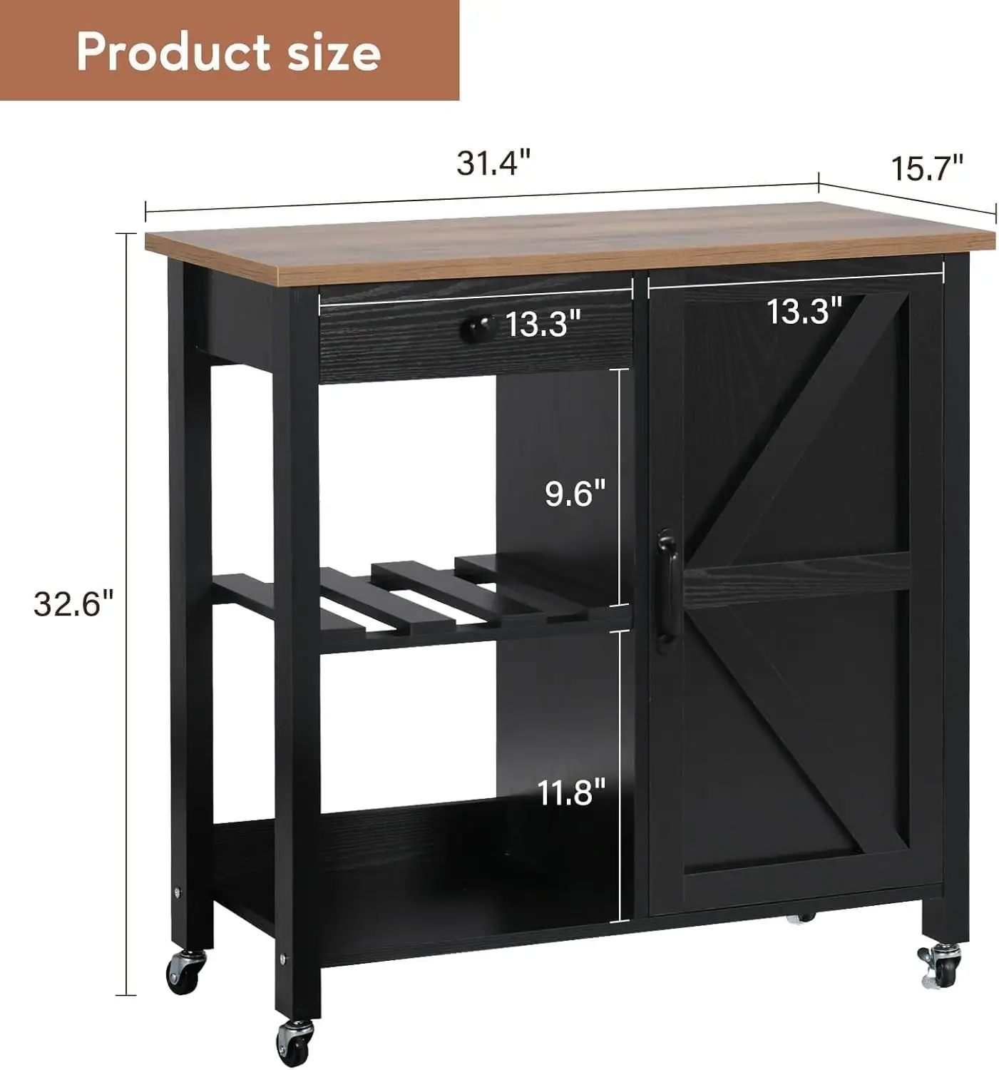 Coffee Cart, Kitchen Cart with Storage, Kitchen Island Cart , Microwave Cart with Storage, Station on Lockable Wheels, Black