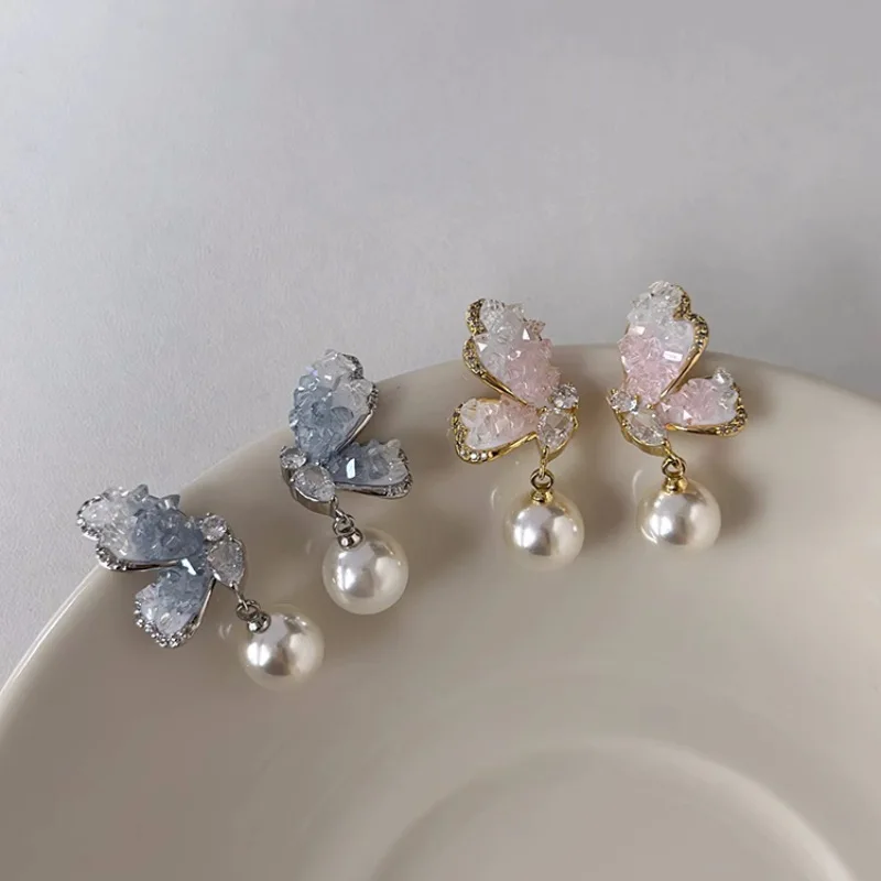 

300pairs/lot zircon pearl crystal butterfly earrings for women with a design sense of niche, retro personality, versatile