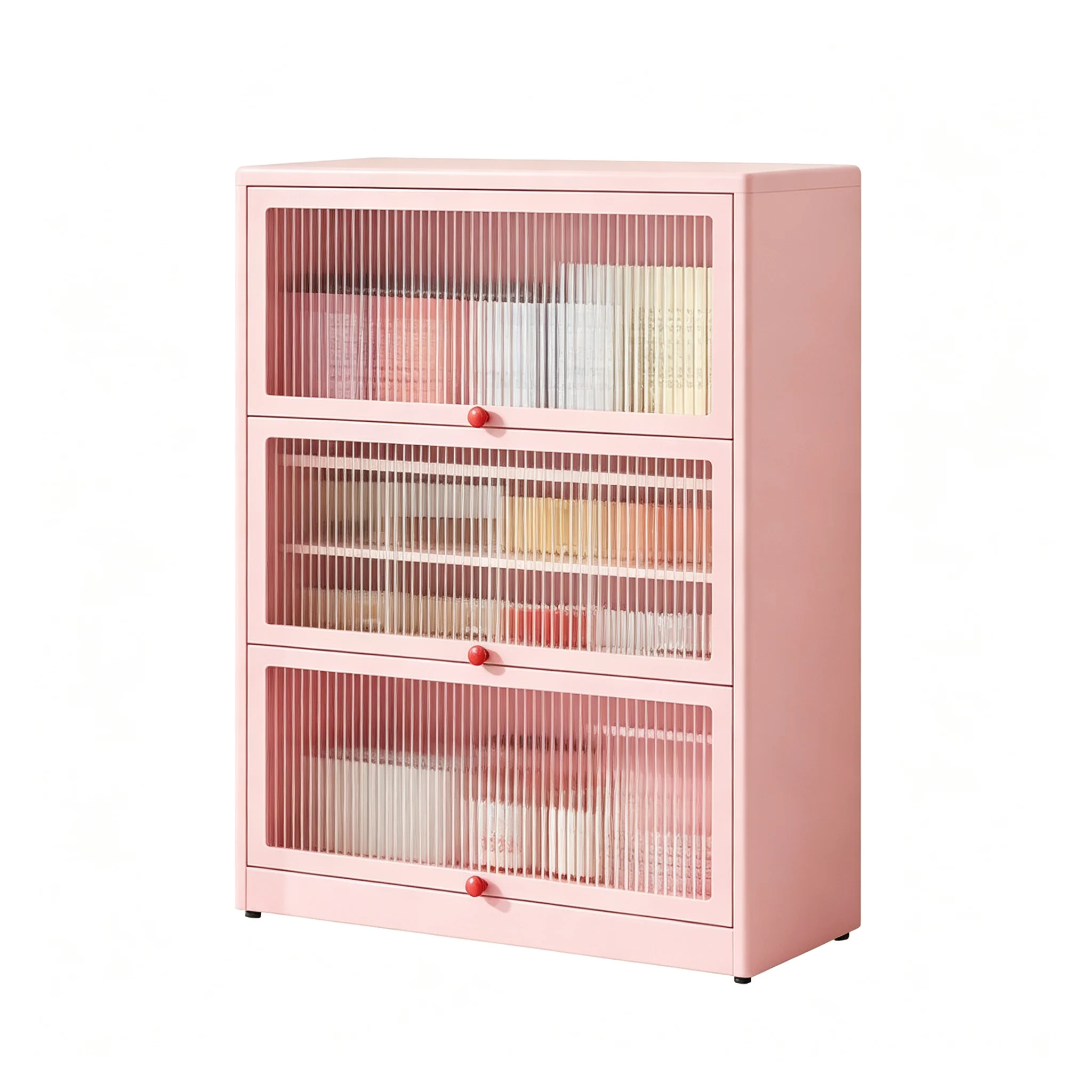 Cherry Blossom Pink 3-Tier Flip-up Fluted Glass Storage Cabinet H123W100D35cm All Steel Bookcase Sideboard For Living Room