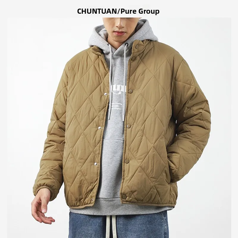 

Japanese Sle Diamond Pattern Men's Winter Cotton Jaet Lightweight Warm Stand Collar Cotton Coat Youth Casual Faion