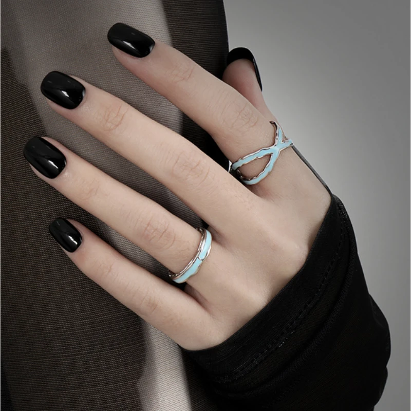 Hollow Double Layer Design Rings Blue Droplet Glaze Fashion Jewelry S925 Sterling Silver Resizable Ring for Women Party Gift805#